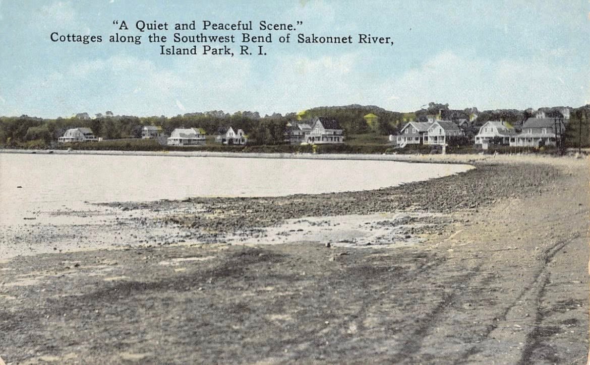 Hand-colored postcard of cottages along the Sakonnet River at Island Park