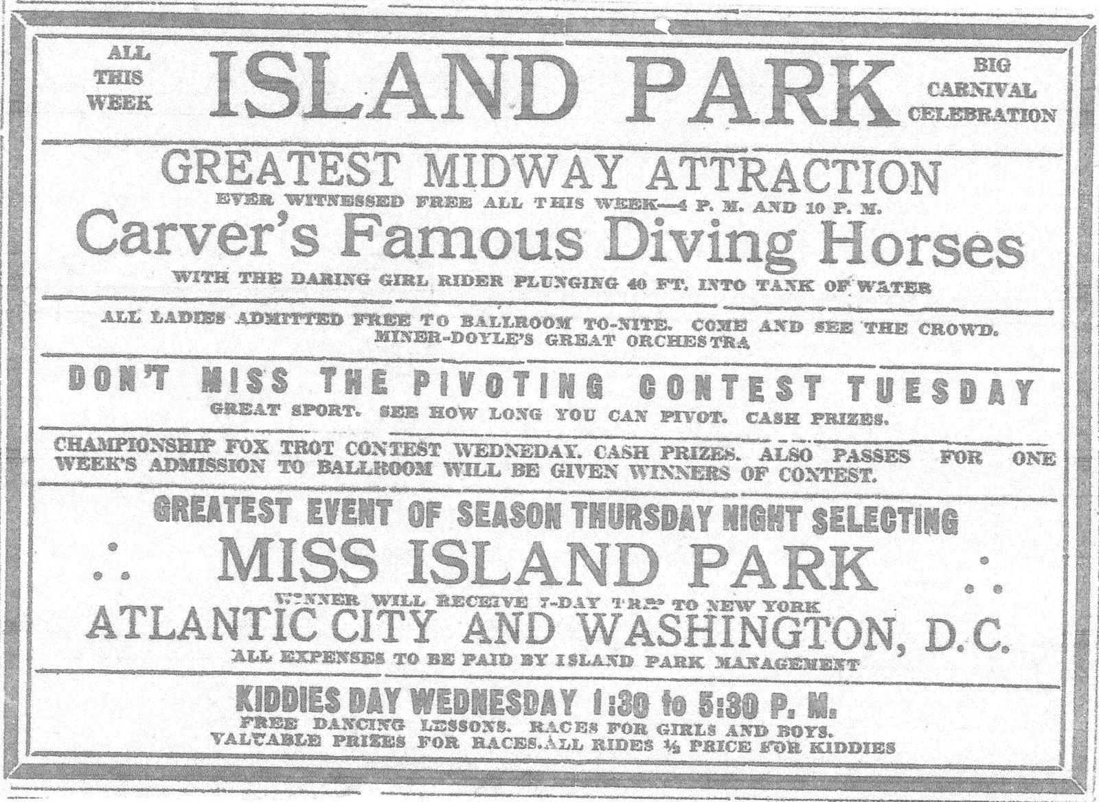 Vintage Island Park carnival advertisement for diving horses, ballroom events and the Miss Island Park pageant